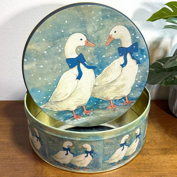 Vintage Tin Country Geese Blue Bowed Goose 80s Storage Cookies Sewing 9 inches - Picture 1 of 7
